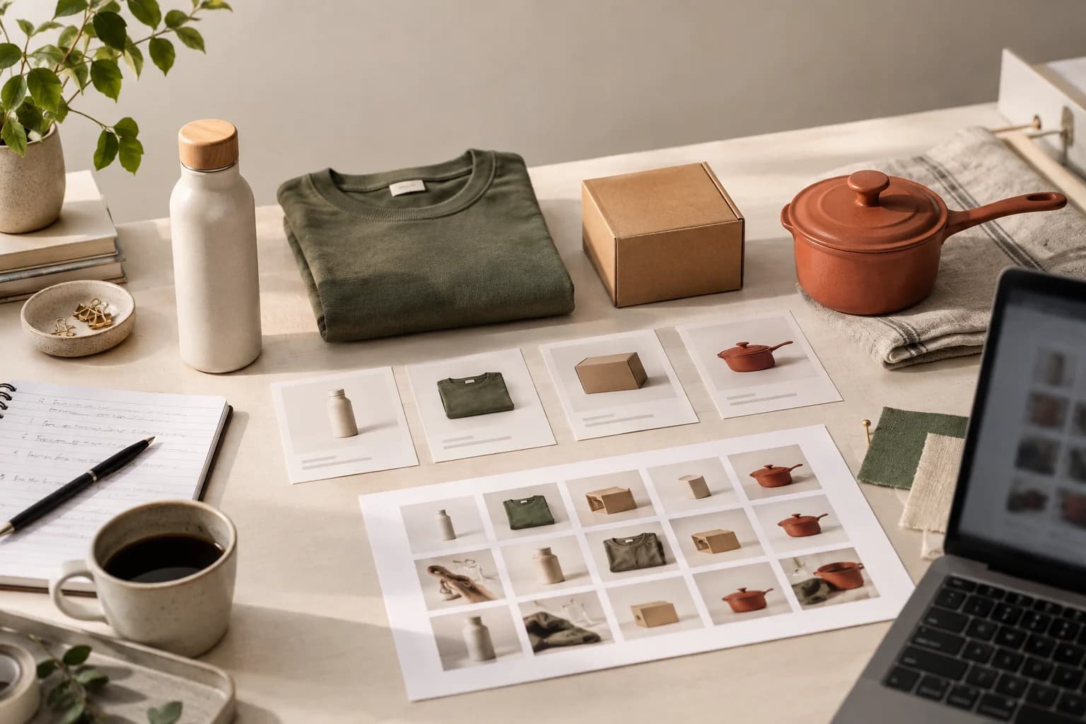 An overhead catalog workspace with products, contact sheets, and a review board