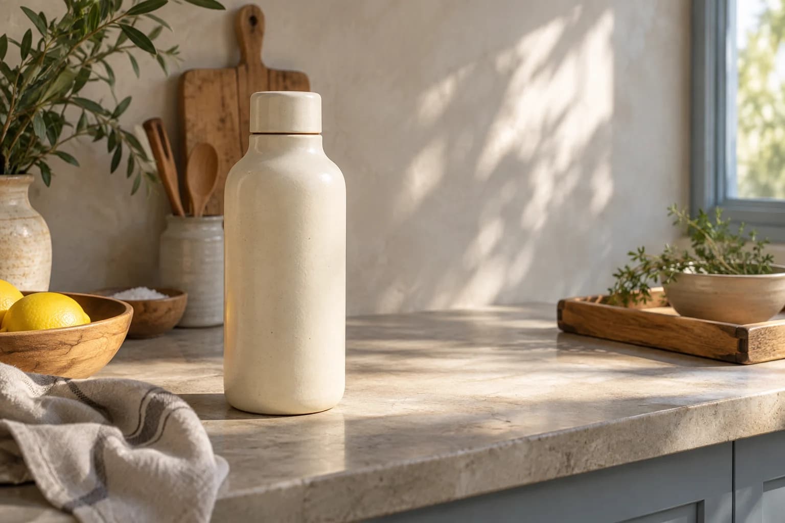 A cream ceramic bottle in a warm, sunlit kitchen lifestyle scene