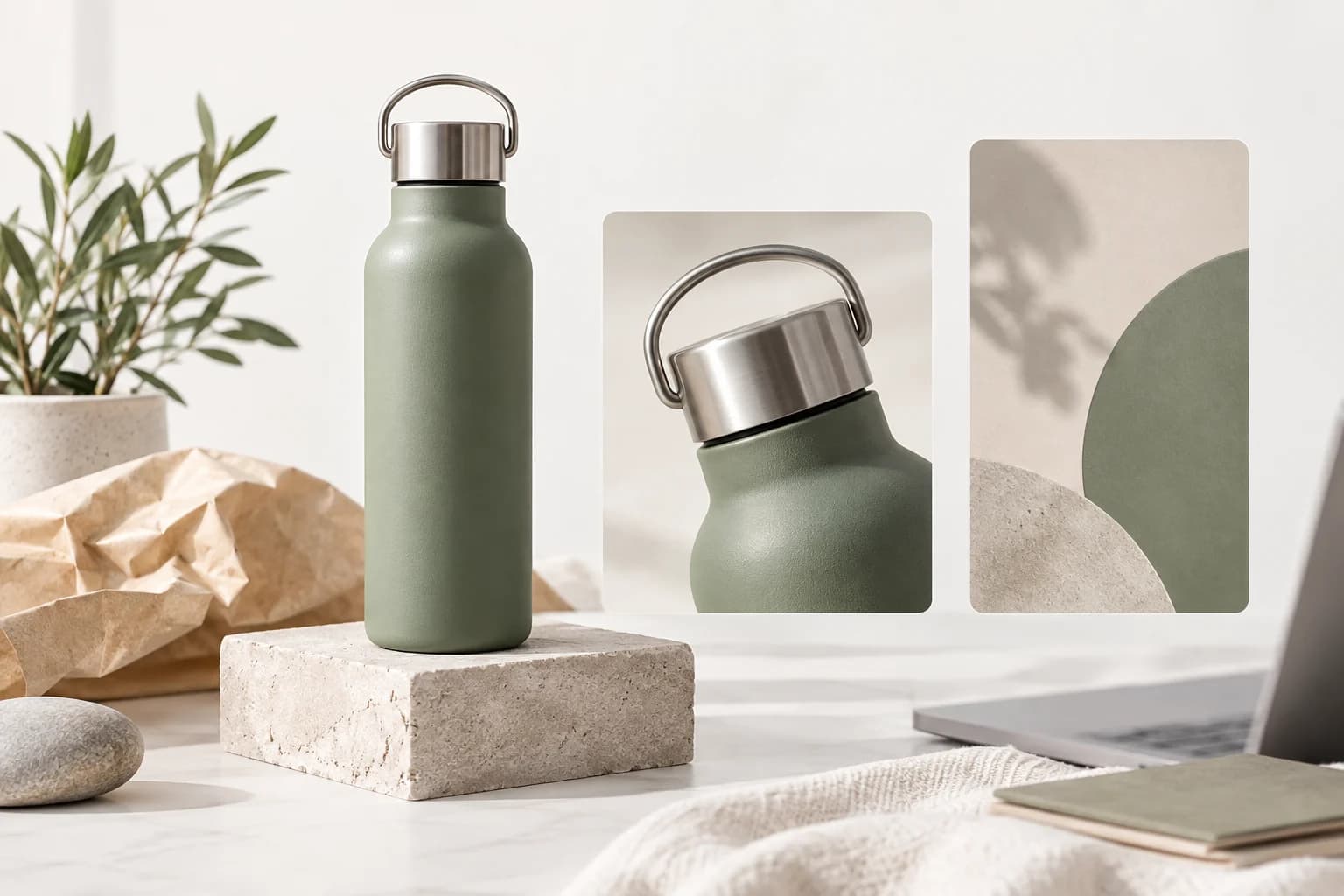 A reusable water bottle shown as a hero image, detail crop, and vertical campaign composition