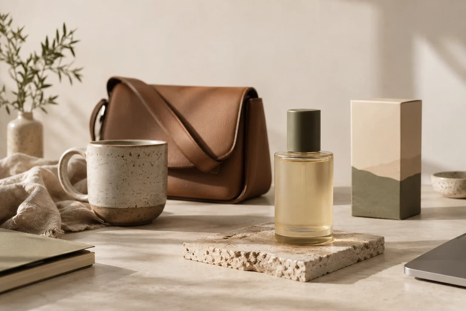 A warm editorial studio table with several ecommerce products arranged for a catalog shoot