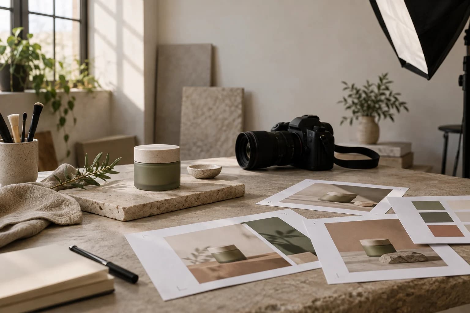 A ceramic product reference, camera, and printed scene studies on a warm studio table