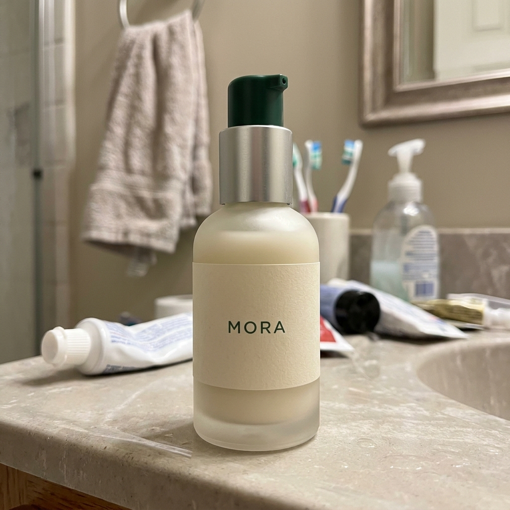 Real source photo of MORA pump skincare bottle