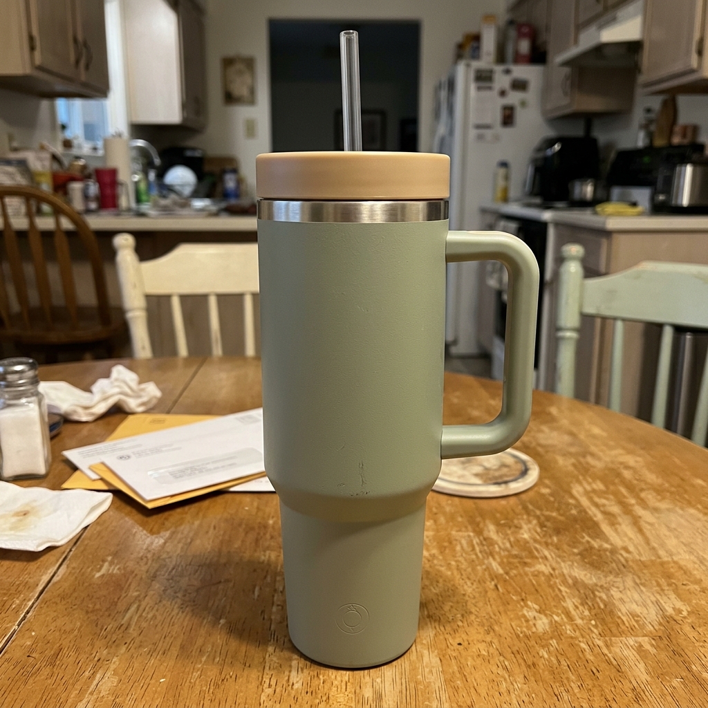Real source photo of Sage insulated handled tumbler